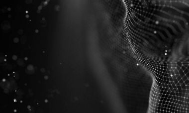 Veri teknolojisi soyut gelecek çizimi. Karanlık arka planda noktaları ve çizgileri birleştiren düşük polimerli bir şekil. 3 boyutlu görüntüleme. Büyük veri görselleştirmesi .
