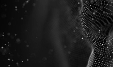 Veri teknolojisi soyut gelecek çizimi. Karanlık arka planda noktaları ve çizgileri birleştiren düşük polimerli bir şekil. 3 boyutlu görüntüleme. Büyük veri görselleştirmesi .