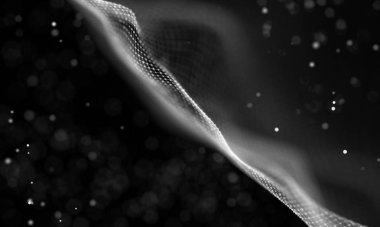 Veri teknolojisi soyut gelecek çizimi. Karanlık arka planda noktaları ve çizgileri birleştiren düşük polimerli bir şekil. 3 boyutlu görüntüleme. Büyük veri görselleştirmesi .