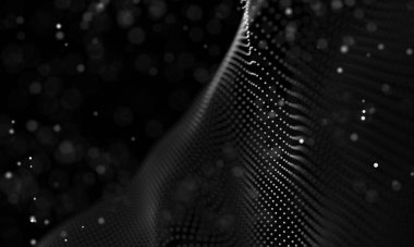 Veri teknolojisi soyut gelecek çizimi. Karanlık arka planda noktaları ve çizgileri birleştiren düşük polimerli bir şekil. 3 boyutlu görüntüleme. Büyük veri görselleştirmesi .