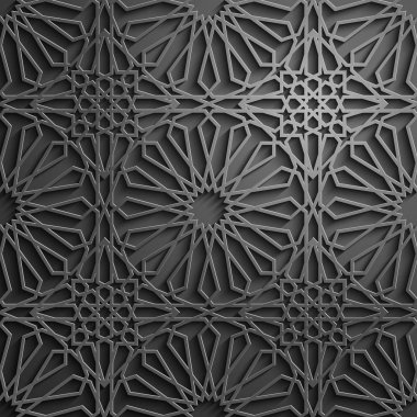 İslam süsleme vektör, Farsça motiff. 3D Ramazan İslam yuvarlak kalıp elemanları. Geometrik dairesel süs Arapça simge vektör. Siyah arka plan