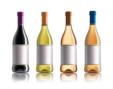 Kırmızı şarap şişesi. Beyaz, gül ve kırmızı şarap şişeleri kümesi. Beyaz arka plan üzerinde izole.