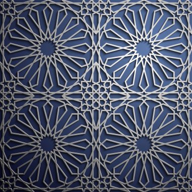 İslam süsleme vektör, Farsça motiff. 3D Ramazan İslam yuvarlak kalıp elemanları. Geometrik dairesel süs Arapça simge vektör. Mavi arka plan