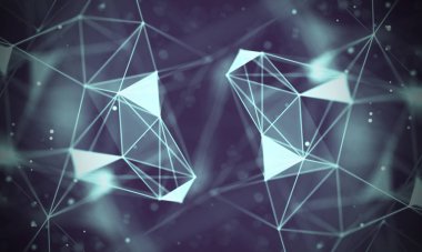 Veri teknolojisi soyut gelecek çizimi. Karanlık arka planda noktaları ve çizgileri birleştiren düşük polimerli bir şekil. 3 boyutlu görüntüleme. Büyük veri görselleştirmesi .