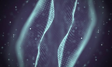 Veri teknolojisi soyut gelecek çizimi. Karanlık arka planda noktaları ve çizgileri birleştiren düşük polimerli bir şekil. 3 boyutlu görüntüleme. Büyük veri görselleştirmesi .