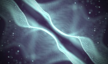 Veri teknolojisi soyut gelecek çizimi. Karanlık arka planda noktaları ve çizgileri birleştiren düşük polimerli bir şekil. 3 boyutlu görüntüleme. Büyük veri görselleştirmesi .