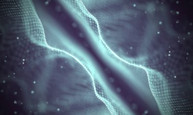 Veri teknolojisi soyut gelecek çizimi. Karanlık arka planda noktaları ve çizgileri birleştiren düşük polimerli bir şekil. 3 boyutlu görüntüleme. Büyük veri görselleştirmesi .