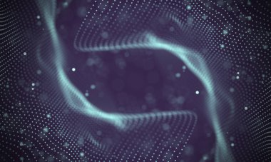 Veri teknolojisi soyut gelecek çizimi. Karanlık arka planda noktaları ve çizgileri birleştiren düşük polimerli bir şekil. 3 boyutlu görüntüleme. Büyük veri görselleştirmesi .