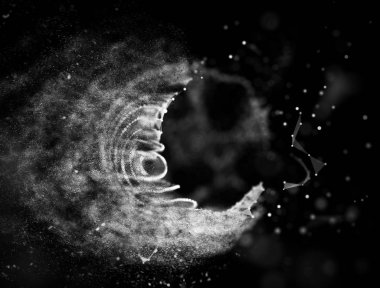 Soyut mavi 3d aydınlatmalı kafes küre bozuk. Neon işareti. Fütüristik teknoloji Hud öğesi. Zarif soyut küre yok. Kum fırtınası, toz parçacıkları .