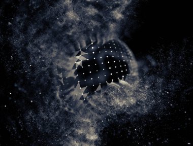 Soyut mavi 3d aydınlatmalı kafes küre bozuk. Neon işareti. Fütüristik teknoloji Hud öğesi. Zarif soyut küre yok. Kum fırtınası, toz parçacıkları .