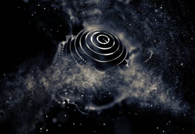 Soyut mavi 3d aydınlatmalı kafes küre bozuk. Neon işareti. Fütüristik teknoloji Hud öğesi. Zarif soyut küre yok. Kum fırtınası, toz parçacıkları .