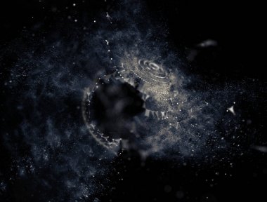 Soyut mavi 3d aydınlatmalı kafes küre bozuk. Neon işareti. Fütüristik teknoloji Hud öğesi. Zarif soyut küre yok. Kum fırtınası, toz parçacıkları .