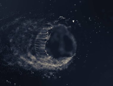 Soyut mavi 3d aydınlatmalı kafes küre bozuk. Neon işareti. Fütüristik teknoloji Hud öğesi. Zarif soyut küre yok. Kum fırtınası, toz parçacıkları .