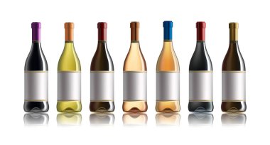 Kırmızı şarap şişesi. Beyaz, gül ve kırmızı şarap şişeleri kümesi. Beyaz arka plan üzerinde izole.