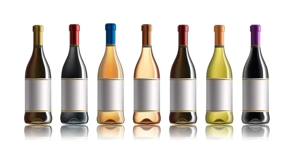 Una bottiglia di vino rosso. Set di bottiglie di vino bianco, rosa e rosso. isolato su sfondo bianco . — Vettoriale Stock
