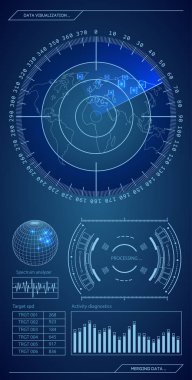 Askeri mavi radar. Hedef ile ekran. Fütüristik Hud arabirimi. Hisse senedi vektör çizim.