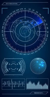 Askeri mavi radar. Hedef ile ekran. Fütüristik Hud arabirimi. Hisse senedi vektör çizim.