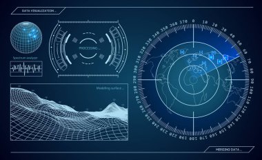 Askeri mavi radar. Hedef ile ekran. Fütüristik Hud arabirimi. Hisse senedi vektör çizim.
