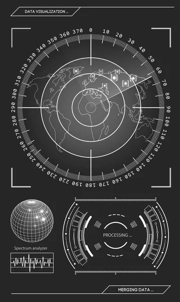 Radar blu militare. Schermo con bersaglio. Interfaccia HUD futuristica. Illustrazione vettoriale stock . — Vettoriale Stock