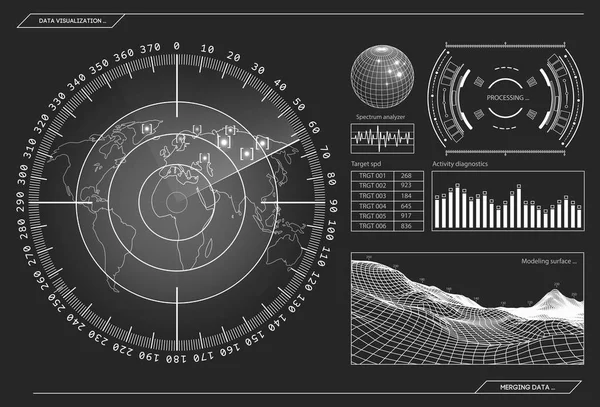 Militaire blauwe radar. Scherm met doel. Futuristische Hud interface. Voorraad vectorillustratie. — Stockvector