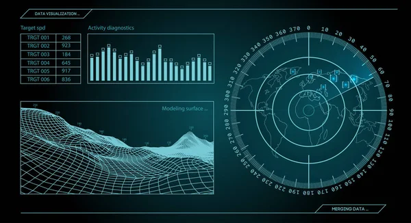 Radar blu militare. Schermo con bersaglio. Interfaccia HUD futuristica. Illustrazione vettoriale stock . — Vettoriale Stock