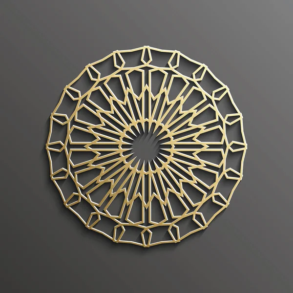 Ouro 3d islâmico em mandala escura redonda ornamento fundo arquitetura muslim textura design. Pode ser usado para convites de brochuras, motivo persa — Vetor de Stock