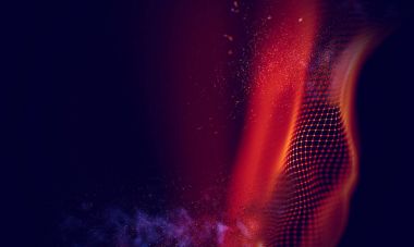 Soyut Kırmızı Geometrik Arkaplan. Bağlantı yapısı. Bilim geçmişi. Gelecekçi Teknoloji HUD elementi. Noktalar ve çizgiler birleşiyor. parçacıklı dijital arkaplan .