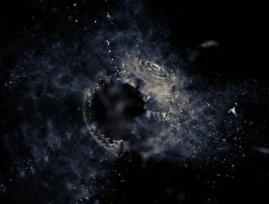 Soyut mavi 3d aydınlatmalı kafes küre bozuk. Neon işareti. Fütüristik teknoloji Hud öğesi. Zarif soyut küre yok. Kum fırtınası, toz parçacıkları .