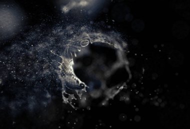 Soyut mavi 3d aydınlatmalı kafes küre bozuk. Neon işareti. Fütüristik teknoloji Hud öğesi. Zarif soyut küre yok. Kum fırtınası, toz parçacıkları .