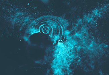 Soyut mavi 3d aydınlatmalı kafes küre bozuk. Neon işareti. Fütüristik teknoloji Hud öğesi. Zarif soyut küre yok. Büyük veri görselleştirme .