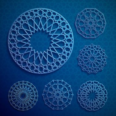 İslami süs vektörü, Pers güdüsü. 3 boyutlu ramazan İslami desen elementleri. Geometrik logo şablonu ayarlandı. Dairesel süslemeli Arapça semboller vektörü .