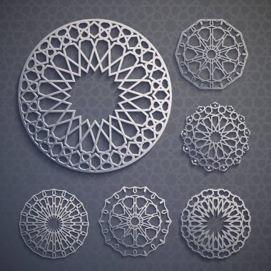 İslami süs vektörü, Pers güdüsü. 3 boyutlu ramazan İslami desen elementleri. Geometrik logo şablonu ayarlandı. Dairesel süslemeli Arapça semboller vektörü .