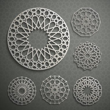 İslami süs vektörü, Pers güdüsü. 3 boyutlu ramazan İslami desen elementleri. Geometrik logo şablonu ayarlandı. Dairesel süslemeli Arapça semboller vektörü .