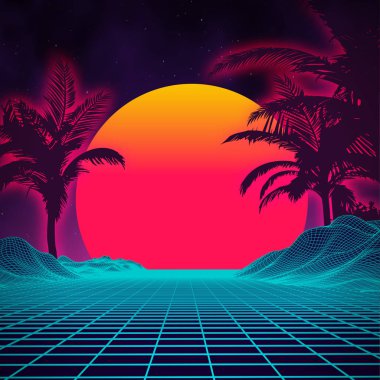 Geçmişe dönük fütüristik manzara 1980 'ler tarzı. Dijital retro peyzaj siber yüzeyi. 80 'lerin parti geçmişi. Retro 80 'lerin moda bilim kurgu arka planı yaz manzarası.