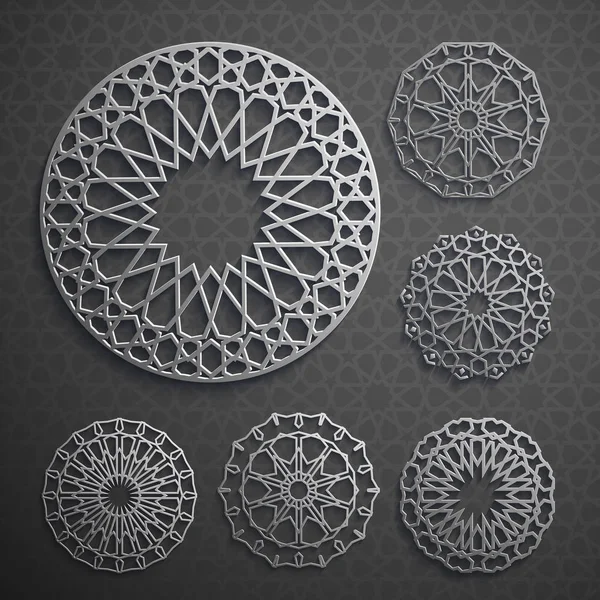 Vetor de ornamento islâmico, motivo persa. 3d ramadã islâmico redondo elementos padrão. Conjunto de modelos de logotipo geométrico. Símbolos arábicos ornamentais circulares vetor . —  Vetores de Stock