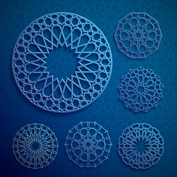 İslami süs vektörü, Pers güdüsü. 3 boyutlu ramazan İslami desen elementleri. Geometrik logo şablonu ayarlandı. Dairesel süslemeli Arapça semboller vektörü .