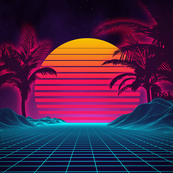 Retro background futuristic landscape 1980s style. Digital retro landscape cyber surface. 80s party background . Retro 80s fashion Sci-Fi Background Summer Landscape.