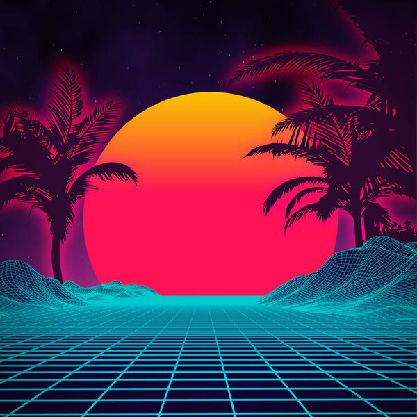 Retro background futuristic landscape 1980s style. Digital retro landscape cyber surface. 80s party background . Retro 80s fashion Sci-Fi Background Summer Landscape.