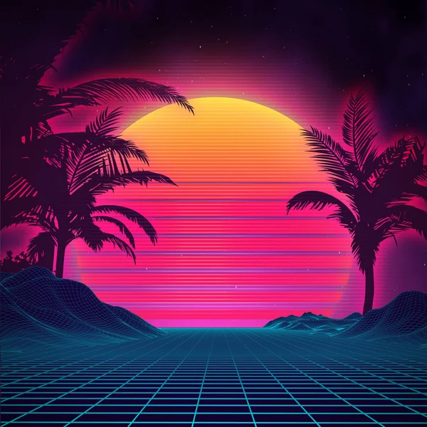 Fondo retro paisaje futurista estilo de los años 80. Superficie cibernética digital de paisaje retro. Fondo de la fiesta de los 80. Retro 80 moda ciencia ficción fondo verano paisaje. — Vector de stock