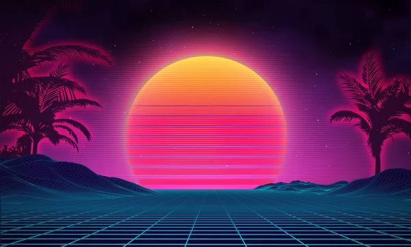 Fundo retro paisagem futurista estilo 1980. Digital superfície cibernética paisagem retro. Festa dos anos 80. Retro 80 moda Sci-Fi fundo paisagem de verão. —  Vetores de Stock