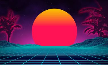 Geçmişe dönük fütüristik manzara 1980 'ler tarzı. Dijital retro peyzaj siber yüzeyi. 80 'lerin parti geçmişi. Retro 80 'lerin moda bilim kurgu arka planı yaz manzarası.