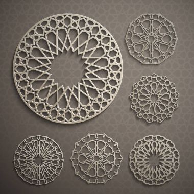 İslami süs vektörü, Pers güdüsü. 3 boyutlu ramazan İslami desen elementleri. Geometrik logo şablonu ayarlandı. Dairesel süslemeli Arapça semboller vektörü .