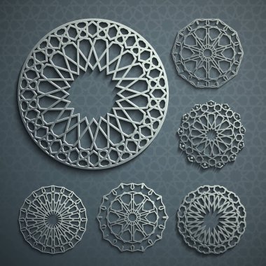 İslami süs vektörü, Pers güdüsü. 3 boyutlu ramazan İslami desen elementleri. Geometrik logo şablonu ayarlandı. Dairesel süslemeli Arapça semboller vektörü .