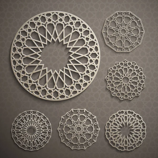 Islamitische ornament vector, Perzische motief. 3d ramadan islamitische ronde patroon elementen. Geometrische logo template set. Cirkelvormige sier-Arabische symbolen vector . — Stockvector