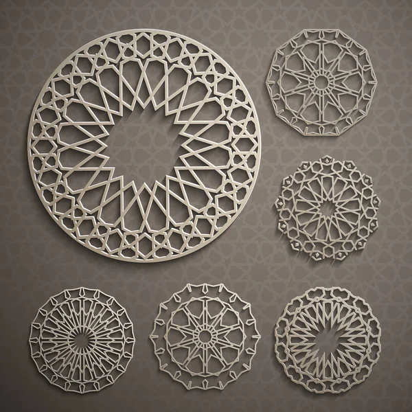 İslami süs vektörü, Pers güdüsü. 3 boyutlu ramazan İslami desen elementleri. Geometrik logo şablonu ayarlandı. Dairesel süslemeli Arapça semboller vektörü .