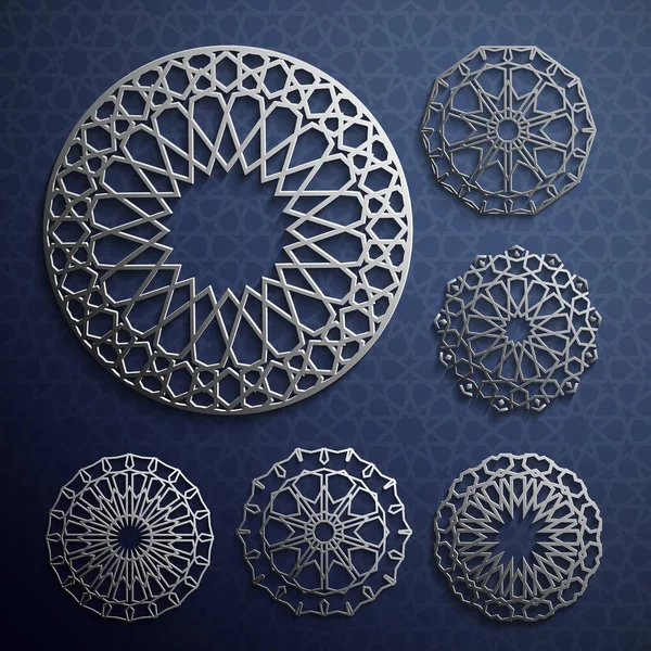 Vettore dell'ornamento islamico, motivo persiano. Elementi 3d ramadan islamico modello rotondo. Set modello logo geometrico. Vettore di simboli arabi ornamentali circolari . — Vettoriale Stock