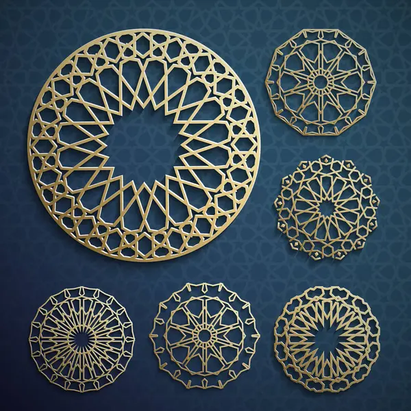 Vettore dell'ornamento islamico, motivo persiano. Elementi 3d ramadan islamico modello rotondo. Set modello logo geometrico. Vettore di simboli arabi ornamentali circolari . — Vettoriale Stock