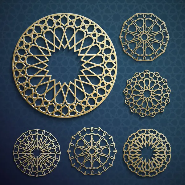 Islamitische ornament vector, Perzische motief. 3d ramadan islamitische ronde patroon elementen. Geometrische logo template set. Cirkelvormige sier-Arabische symbolen vector . — Stockvector