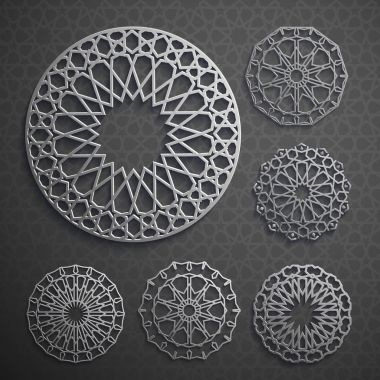 İslami süs vektörü, Pers güdüsü. 3 boyutlu ramazan İslami desen elementleri. Geometrik logo şablonu ayarlandı. Dairesel süslemeli Arapça semboller vektörü .