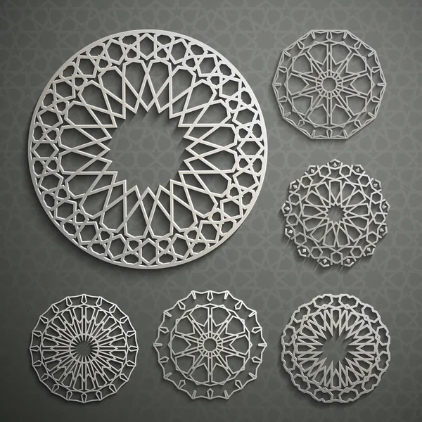 Islamic ornament vector , persian motiff . 3d ramadan islamic round pattern elements . Geometric logo template set. Circular ornamental arabic symbols vector . — Stock Vector